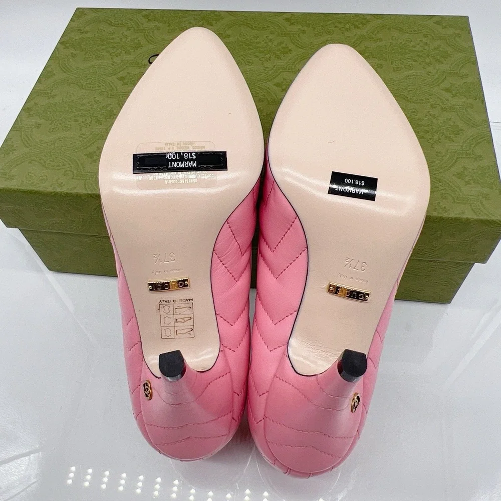 Gucci Chevron Matelasse mini Double G Logo Heel Pumps Pink Leather EU 37.5 - NEW - Picture 10 of 15